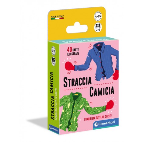 Carte Straccia Camicia - Uno dei giochi di carte più tradizionali, Straccia camicia, si "veste" di una speciale grafica e di un formato tascabile per portare il divertimento sempre con sé! Il mazzo di carte viene diviso in tanti mazzetti uguali da distribuire a ogni giocatore. Le carte vincenti sono l`1, il 2 e il 3. A turno i giocatori mettono in mezzo la prima carta del loro mazzo. Quando un giocatore gioca una delle carte vincenti il giocatore successivo è costretto a girare 1, 2 o 3 carte a seconda del numero indicato nella carta vincente giocata. Se durante questa giocata esce un`altra carta vincente l`obbligo si interrompe e toccherà al giocatore ancora successivo girare 1, 2 o 3 carte. Vince chi riesce a lasciare senza carte gli avversari. Il gioco include un mazzo di carte con le illustrazioni degli indumenti e i numeri 1-2-3 e una modalità di gioco speciale per lanciarsi in divertenti sfide con amici e parenti!
