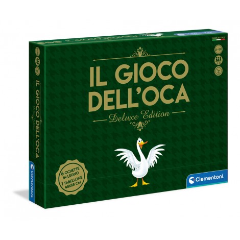 Il gioco dell'oca Deluxe - Un grande classico in una speciale versione deluxe per amanti del gioco da tavolo più famoso di sempre. Contiene un maxi tabellone con il percorso, dado e pedine a forma di ochette in legno. Un evergreen che ancora oggi coinvolge nel gioco grandi e piccoli. Basta tirare il dado e avanzare lungo il percorso con la propria pedina, chi arrivera` per primo al traguardo? Made in Italy