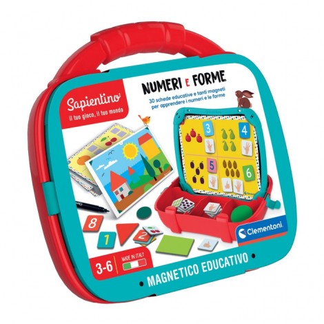 Valigetta magnetica Numeri e Forme - C’è proprio tutto quello che serve per prepararsi alla scuola elementare in questa pratica valigetta da portare sempre con sé! In questa versione vengono presentati i numeri e le forme, attraverso tanti magnetini colorati. Incluso nel gioco un libretto con un percorso educativo strutturato per guidare il bambino nell’apprendimento.  La valigetta è dotata di tanti vani per riporre i materiali di gioco e tenere tutto in ordine. Inoltre, la lavagna su cui vengono attaccati i magneti presenta un lato scrivibile con il pennarello cancellabile incluso.