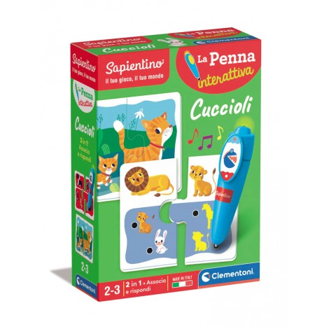 Penna interattiva Cuccioli - La penna interattiva di Sapientino guida i bambini alla scoperta dei cuccioli. La confezione contiene dei mini-puzzle in cartone che ofrono un doppio livello di gioco. Ricomponendo i mini-puzzle dalla parte del fronte, i bambini associano mamme e cuccioli, sviluppando il pensiero logico. Voltando le tessere, trovano dei quiz a cui rispondere con la penna interattiva. La penna segnala le risposte giuste, in questo modo il bambino è in grado di progredire nel gioco in autonomia.