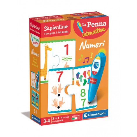Penna interattiva Numeri - La penna interattiva di Sapientino è la simpatica amica dei piccoli, per imparare divertendosi! La confezione contiene dei mini-puzzle in cartone che ofrono un doppio livello di gioco. Ricomponendo i mini-puzzle dalla parte del fronte, i bambini associano numeri e quantità. Voltando le tessere rispondono ai quiz con la penna interattiva. La penna segnala le risposte giuste, in questo modo il bambino è in grado di progredire nel gioco in autonomia