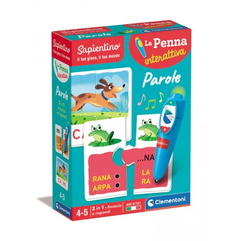 Penna interattiva Parole - Quante parole da scoprire! Con la penna interattiva di Sapientino i bambini arricchiscono il linguaggio divertendosi. La confezione contiene dei mini-puzzle che ofrono un doppio livello di gioco. Ricomponendoli dalla parte del fronte, i bambini ricostruiscono le parole scomposte in sillabe. Voltando le tessere rispondono ai quiz con la penna interattiva che segnala le risposte corrette.