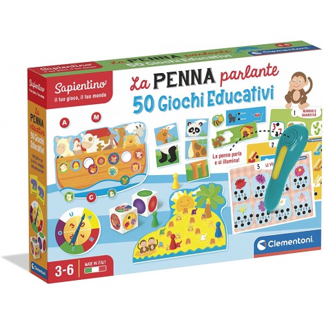 La penna parlante 50 giochi educativi - Un ricchissimo kit di giochi per imparare divertendosi con la penna parlante di Sapientino. Il gioco contiene: tessere ad incastro, puzzle, schede e cubi per apprendere l’alfabeto, i numeri e le quantità e insegna a leggere e comporre le prime parole. La penna parla e gratifca il bambino per le risposte giuste e lo incoraggia a ritentare quando sbaglia.