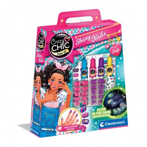 Shiny Nails - Le tue unghie non saranno mai state così ?uo e luminose, anche al buio! Tutto l’occorrente per realizzare una nail art perfetta con smalti colorati, unghie ?nte, e sticker. Le decorazioni trasferibili creano uno speciale e?etto glow in the dark, per avere unghie dai colori brillanti e che si illuminano al buio, perfette in ogni occasione! Gli sticker sono facili da applicare sulle unghie per un look unico e personalizzato da sfoggiare giorno e notte! Un gioco che stimola la creatività in campo beauty.