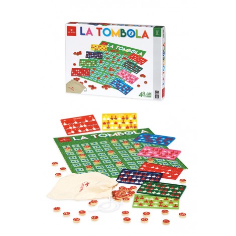 La Tombola. Il tradizionale gioco per tutta la famiglia con numeri in legno, sacchetto in tessuto e 48 cartelle in plastica con finestrelle.