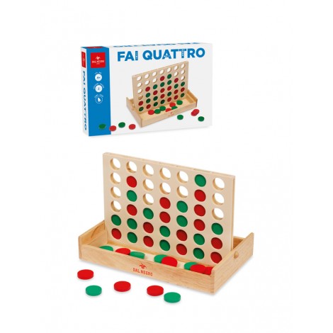 Fai Quattro. Il classico gioco che consiste nel mettere in fila quattro dischetti dello stesso colore, tutto in legno.