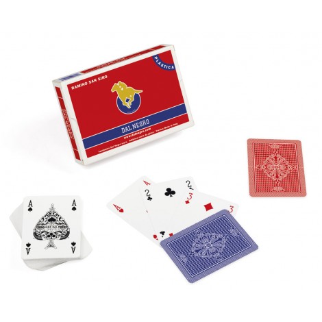 Carte Ramino San Siro. Astuccio con due mazzi di carte 100% Plastica, retro San Siro rosso/blu. Formato poker 63x88 mm.