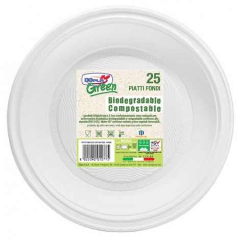 Piatti fondi in Mater-Bi, Ø 220mm, compostabili e biodegradabili colore avorio, 25pz