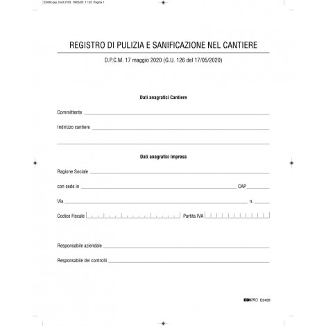 Registro di pulizia e sanificazione nel cantiere, per la registrazione della sanificazione nel cantiere 24,5x31cm 32 fogli