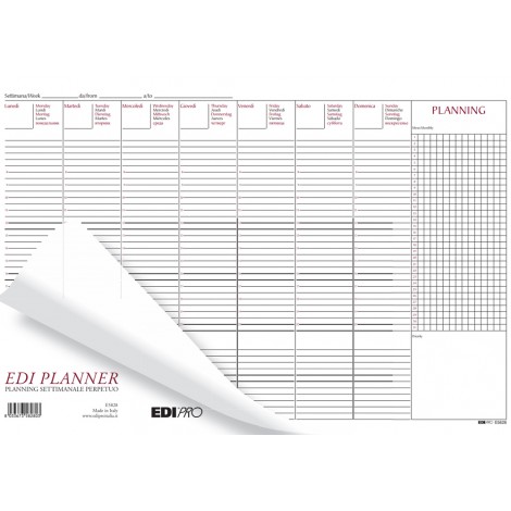 Planning settimanale spiralato perpetuo da tavolo, 48x34,5cm, copertina in PPL trasparente e 55 fogli