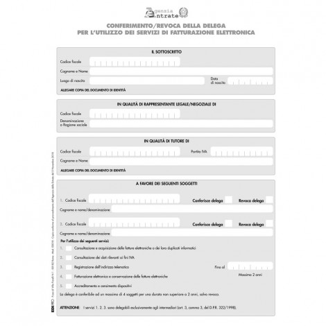 Modulo conferimento/revoca deleghe all`utilizzo delle fatture elettroniche 21x29,7cm