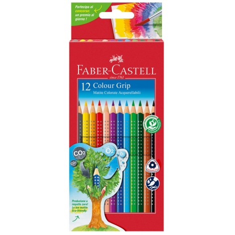 Faber Castell Color grip - Pastelli acquerellabili - Astuccio 12 matite colorate acquerellabili, lavabili colori assortiti