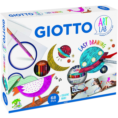 GIOTTO EASY DRAWING - Set super creativo per giocare con la carta e con i colori. Il set contiene un album Giotto Kids A4 90g 30fg, 12 Stilnovo Bicolor, un temperino, un raschietto, una maschera grafica "cerchi" e una guida creativa