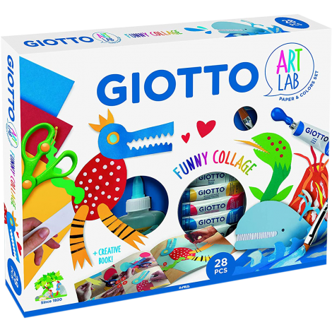 GIOTTO FUNNY COLLAGE- Set super creativo per giocare con la carta e con i colori. Il set contiene un album Giotto Kids A4 120g 20fg cartoncini colorati, 5 Tubi Tempera 10ml nei colori primari, un pennello piatto Taklon 600 n.10, un flacone di colla Collage 120ml, un paio di forbici, e una guida creativa