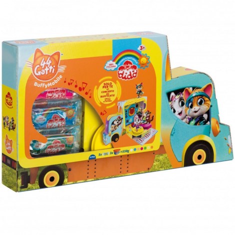 BuffyMobile - Pasta modellabile con strumenti musicali e formine a tema concerto. La confezione a forma di BuffyMobile si apre e si trasforma nel palco