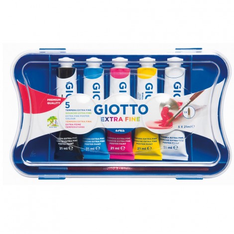 Tempera ultrafine concentrata in tubetto di alluminio, densa e coprente, diluibile con acqua, tavolozza estraibile dal coperchio e pennello incluso 21ml colori assortiti 5pz