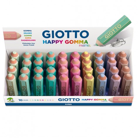 HAPPY Gomma a forma di matita esagonale, senza ftalati e PVC, formato 6,5x1,5cm colori assortiti pastello