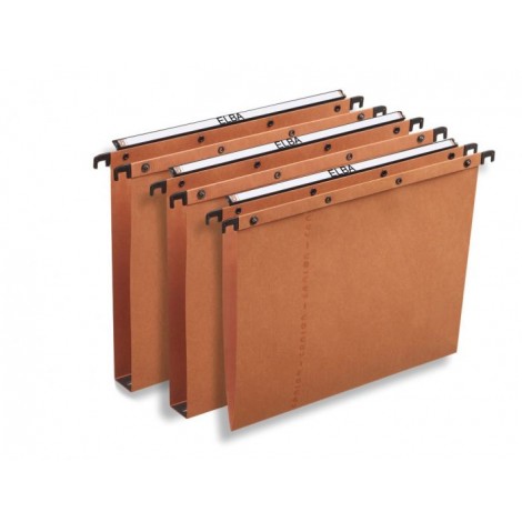 ULTIMATE - Cartelle sospese per CASSETTO - Cartelle con fondo a V, in carta RICICLATA, interasse 39,8cm, sistema di collegamento continuo a bottone, aste di sospensione in metallo, ganci rivestiti in plastica, porta etichette ad effetto lenticolare 38x25cm - Prezzo singolo, ord. minimo 25pz
