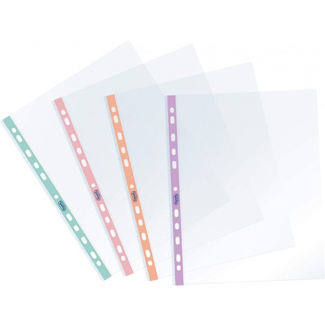 Buste a foratura con banda colorata Favorit Pastel 22x30cm - Buste in PPL forate con banda di colore azzurro, finitura liscia, formato utile 22x30cm, confezione da 25pz