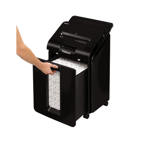 Fellowes AutoMax 100M - Distruggidocumenti taglio a frammenti 4x10mm, distrugge carte di credito, clip e punti metallici, per 1 utente, sicurezza P4