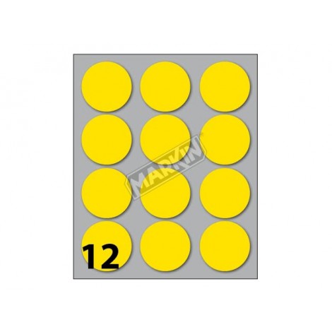 Etichette adesive in fogli - Multiuso rotonde - 120 etichette adesive permanenti, Ø 34mm, 12 etichette per foglio, 10 fogli colore giallo - Prezzo singolo, ord. minimo 25pz