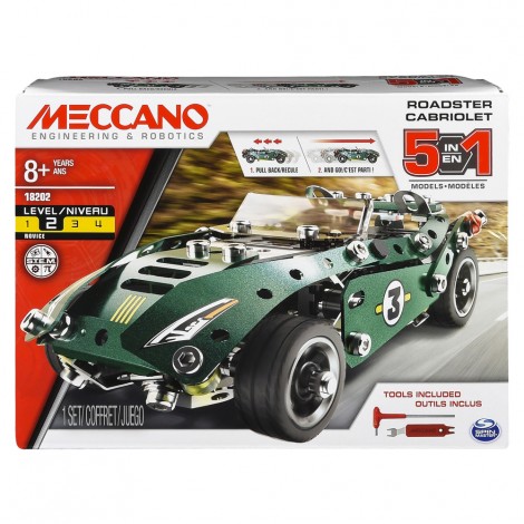 Macchine da corsa, multi modello 5 - Una collezione di pezzi in metallo per costruire 5 nuovi modellini a tema Macchina da corsa. Il modellino può essere smontato e ricostruito all`infinito scegliendo ogni volta una delle versioni possibili o dando libero sfogo alla fantasia. Include un motore a retrocarica, adesivi attacca e stacca per decorazioni sempre diverse e nuovi pezzi in metallo.