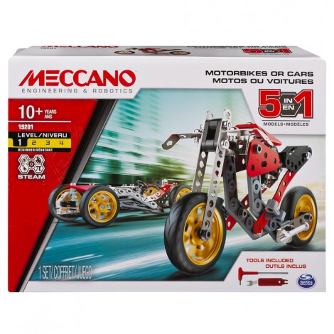 Moto da corsa, multi modello 5 - Una confezione di pezzi in metallo per costruire 5 diversi modelli a scelta tra moto e veicolo. I modellini sono dotati di sospensioni realmente funzionanti e pneumatici in gomma.