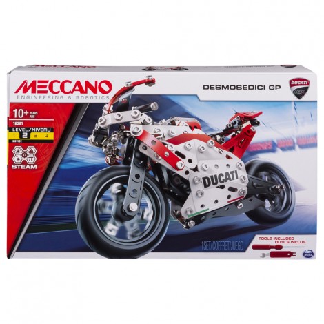 Ducati Desmosedici GP - Una confezione di pezzi in metallo per costruire una replica della moto Ducati Desmosedici GP. Con i pezzi e gli attrezzi inclusi ci si può divertire a costruire il modellino e poi giocarci. Sterzo e sospensioni sono realmente funzionanti e con gli adesivi si può personalizzare il modellino.