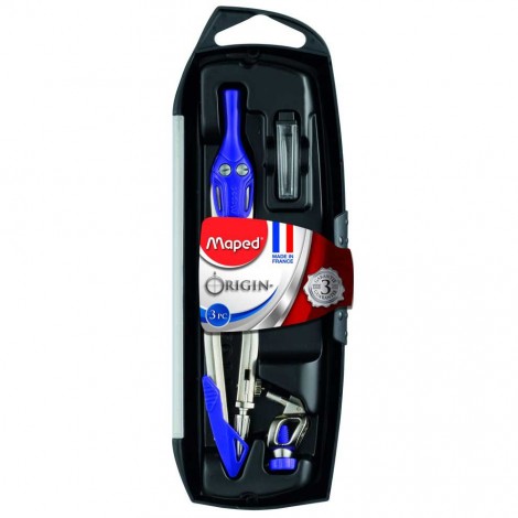 Compasso Maped ORIGIN con aste in acciaio, contenuto in astuccio di plastica, set da 3 pezzi (compasso portamina, adattatore universale e pack di 10 mine)