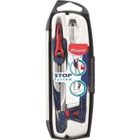 Compasso Maped STOP SYSTEM con leva brevettata per il blocco delle aste, contenuto in astuccio di plastica, set da 3 pezzi (compasso, adattatore universale e astuccio mine)