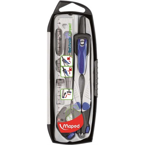 Compasso Maped TECNICH con leva brevettata per il blocco delle aste, aste pieghevoli, diametro massimo 360mm, contenuto in astuccio plastica, set da 5 pezzi (compasso, adattatore universale, portamine, temperamine e astuccio mine)