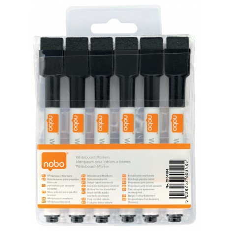 Nobo Rexel - Marcatore per lavagne con inchiostro cancellabile a secco, corredato di magnete e cancellino tratto 2mm colore nero - 6pz