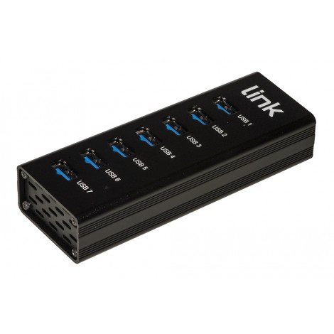 Hub con 7 porte tipo "A" femmina USB 3.0 Superspeed (compatibile USB 3.1 Gen 1) per scambio dati e alimentazione di dispositivi USB.