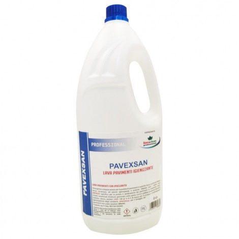 PAVEXSAN - Lava pavimenti con ipoclorito ad azione igienizzante - da DILUIRE, colore giallo ocra, profumazione felce, ph 8, concentrazione cloro 3.5%, per maioliche, marmi, gres, stoffe 2lt