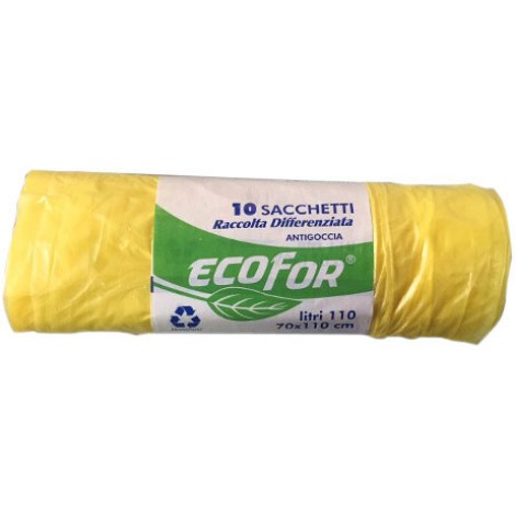 Sacchi ECOFOR per rifiuti 70x110cm, 110litri, 12.5 micron, antigoccia, 10 strappi colore giallo
