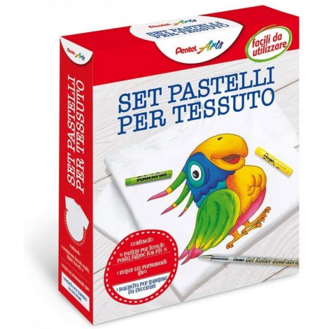 Kit Fabric Fun - Pastelli per tessuto - Set creativo contenente 15 pastelli per tessuto, 1 gel roller permanente nero, maschere in pvc con alfabeto in maiuscolo e minuscolo ed una t-shirt da personalizzare