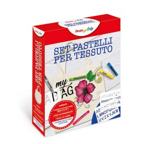 Kit Fabric Fun – Pastelli per tessuto – Set creativo contenente 15 pastelli per tessuto, 1 gel roller permanente nero, maschere in PVC con alfabeto in maiuscolo e minuscolo ed una borsa in cotone da personalizzare