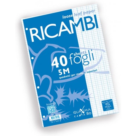 Pigna Quaxima – Fogli di ricambio forati bianchi, 40 fogli da 80GR, formato A4, rigatura 5MM - 1PZ