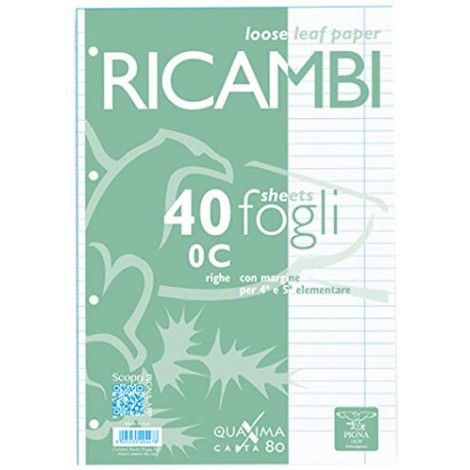 Quaxima - Fogli di ricambi forati bianchi righe con margine, 40 fogli, A4 - 1pz