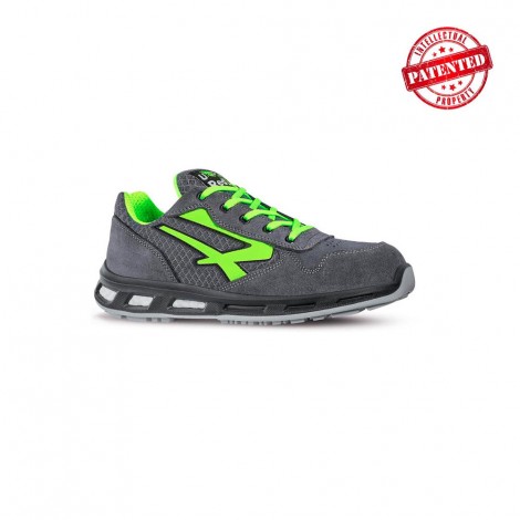 Calzatura di sicurezza POINT, taglia 42. Scarpe antinfortunistiche basse, leggere e comode della linea Red Lion, con tomaia in nylon ultra traspiranti e morbida pelle scamosciata, puntale in alluminio, antiperforazione, antiscivolo e suola PU/PU infinergy, S1P SRC ESD colore grigio scuro, verde fluo