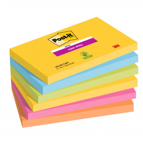 Foglietti post-it Super Sticky 622 Carnival 76x127 - Foglietti 655 Rio de Janeiro (giallo oro, blu, verde lime, fucsia, arancio fluo) - 6pz
