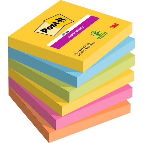Foglietti post-it Super Sticky 622 Carnival 76x76m (giallo sole, blu paradiso, verde lime, rosa power, arancio acceso) - 6pz
