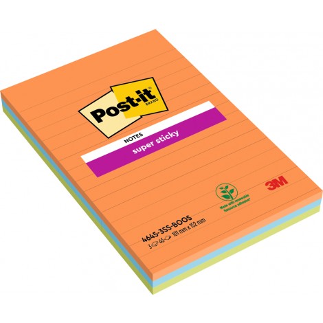 Foglietti post-it Super Sticky Grandi Formati 4645-3SS Boost 101x152mm (arancio acceso, verde lime, blu paradiso, rosa tropicale, giallo sole) - 3pz