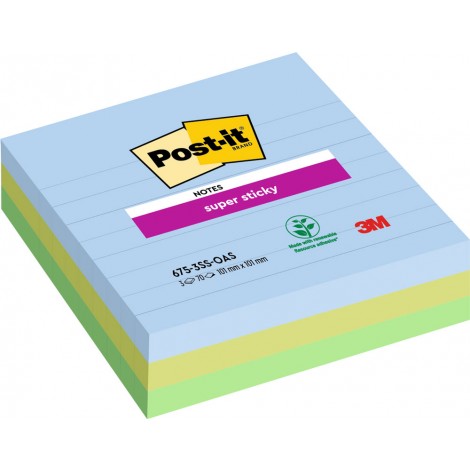 Foglietti post-it Super Sticky Grandi Formati 675 101x101mm (blu jeans, verde menta fresca, verde lime, verde trifoglio, verde cristallo di mare) - 3pz