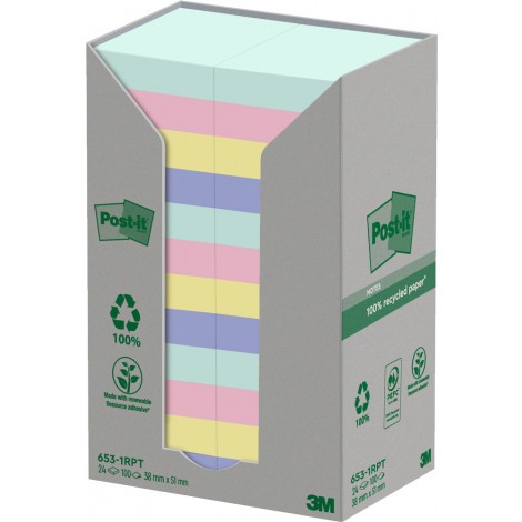 Foglietti post-it in carta ricliclata 653-1RPT 38x51mm Nature (rosa fenicottero, rosa sale, verde menta fresca, blu pietra di luna, giallo canary) - 24pz