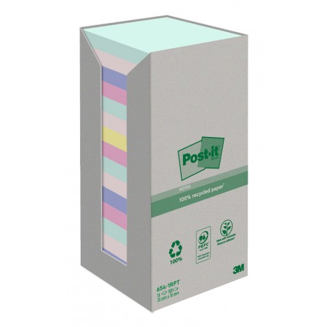 Foglietti post-it in carta ricliclata 654-1RPT 76x76mm Nature (rosa fenicottero, rosa sale, verde menta fresca, blu pietra di luna, giallo canary) - 16pz