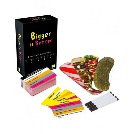 Bigger is better - Il gioco in cui le dimensioni contano davvero! Bigger is Better e` il gioco delle misure: i giocatori dovranno cercare di rispondere ai quesiti proposti mettendo le opzioni a disposizione nell’ordine corretto. Dal piu` piccolo al piu` grande, dal piu` pesante al piu` leggero, e cosi via in un party game dalle risate garantite!