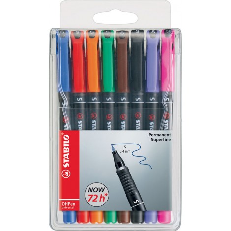Stabilo OHPen - Pennarello per lucidi e superfici lisce, inchiostro permanente, punta superfine tratto 0,4mm colori assortiti - 8pz