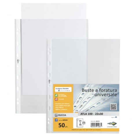 Buste ATLA in PPL forate, finitura a buccia d`arancia, formato utile 22x30cm, medio spessore, confezione da 50pz