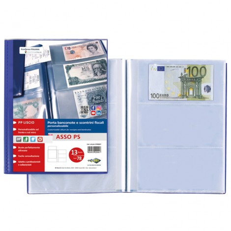 Album personalizzabili Asso PS, 13 buste 24x31cm - Album personalizzabile in PPL con 13 buste, formato utile 19x9,5cm con 6 tasche, finitura a buccia d`arancia - 1pz